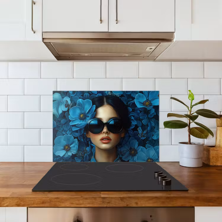 Paraschizzi cucina - Donna - Fiori - Blu - Estetica - Lusso — 3