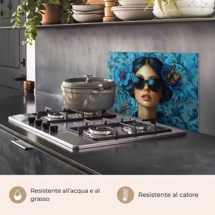 Paraschizzi cucina - Donna - Fiori - Farfalle - Blu - Astratto — 2