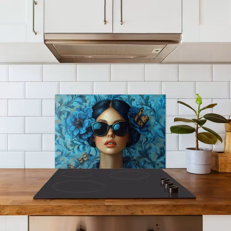 Paraschizzi cucina - Donna - Fiori - Farfalle - Blu - Astratto — 3