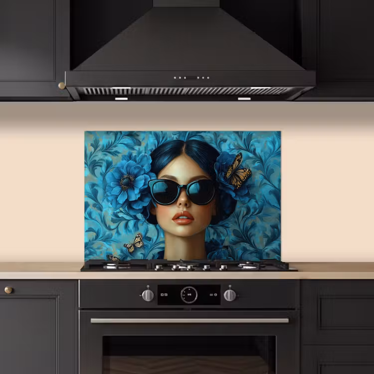 Paraschizzi cucina - Donna - Fiori - Farfalle - Blu - Astratto — 5