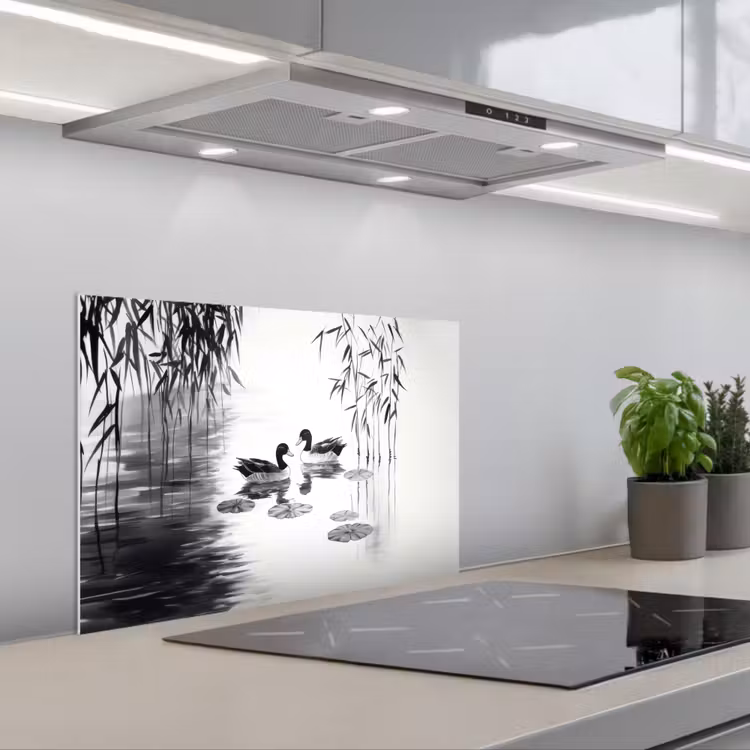 Paraschizzi cucina - Anatre - Ninfee - Canne - Nero — 1