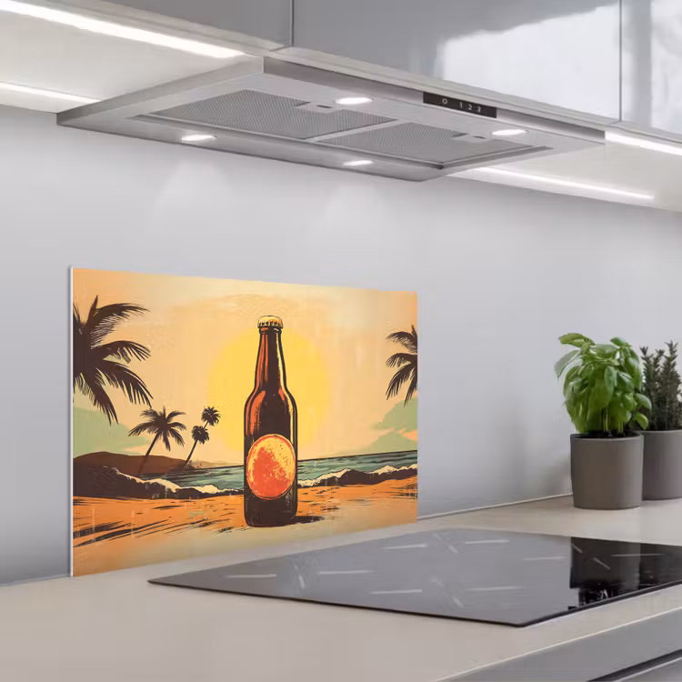 Paraschizzi cucina - Bottiglia di birra - Tramonto - Palme - Mare — 1