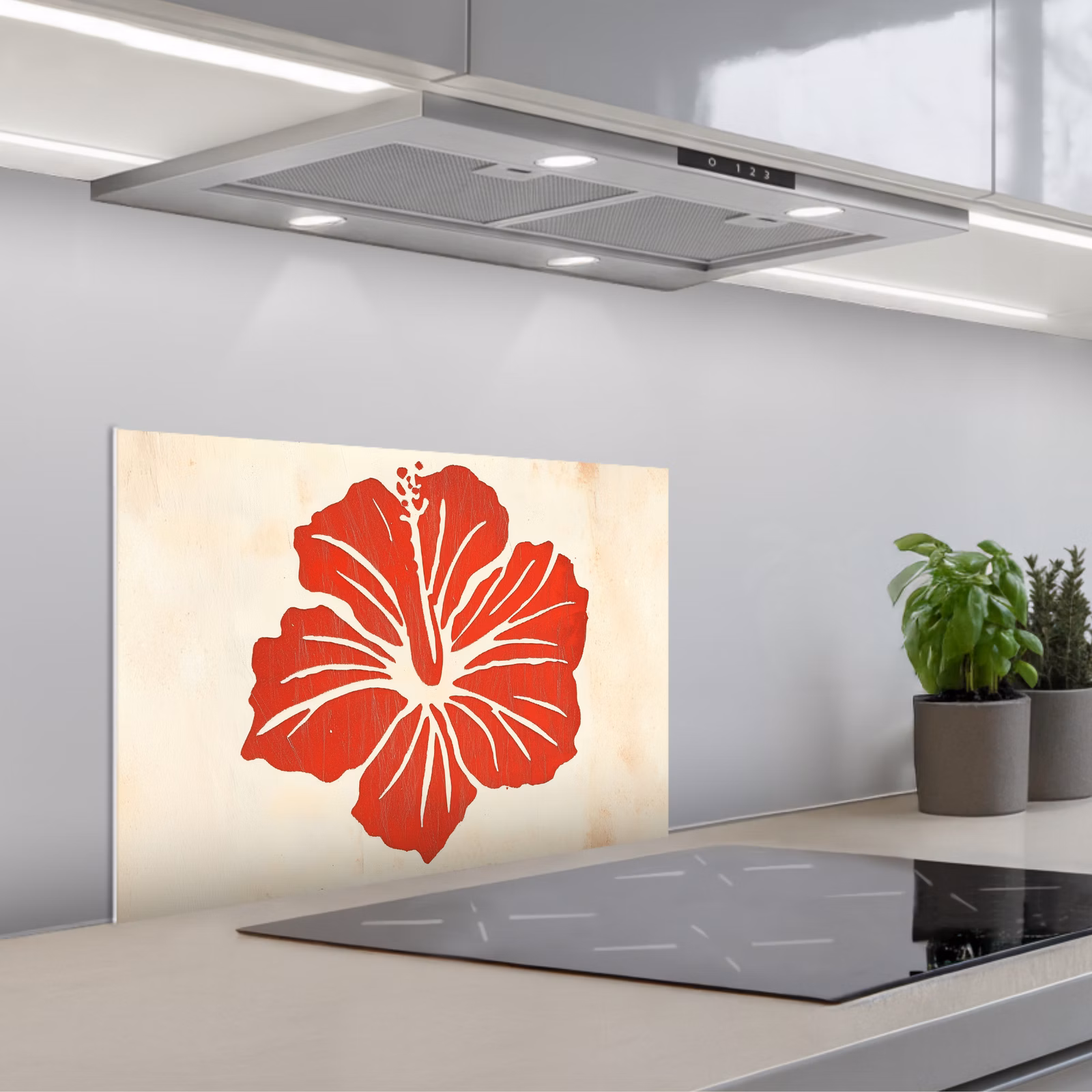 Paraschizzi cucina - Fiore di ibisco rosso - Sfondo strutturato - Beige — 1
