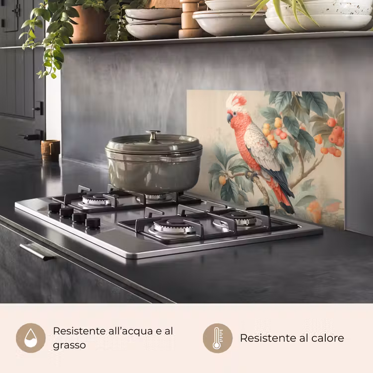 Paraschizzi cucina - Cacatua dalla cresta rosa - Ramo con frutti - Foglie — 2