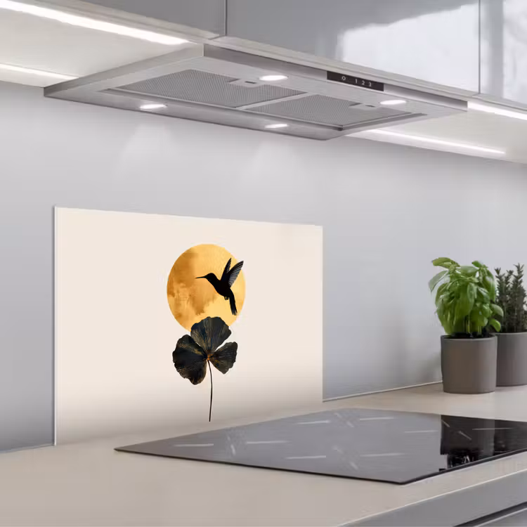 Paraschizzi cucina - Colibrì nero - Fiore - Cerchio d'oro — 1