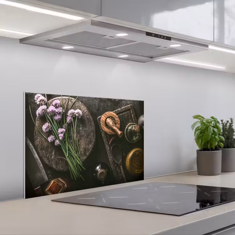 Paraschizzi cucina - Erba cipollina - Cucina - Mortaio - Rustico - Erbe - Viola — 1