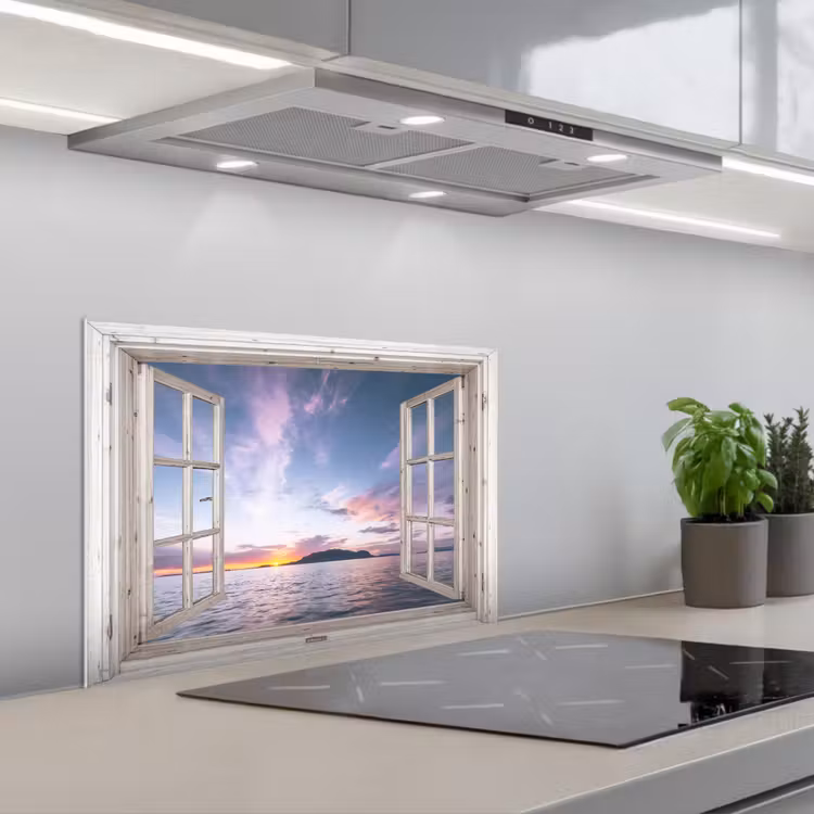 Paraschizzi cucina - Finestra con vista sul tramonto — 1