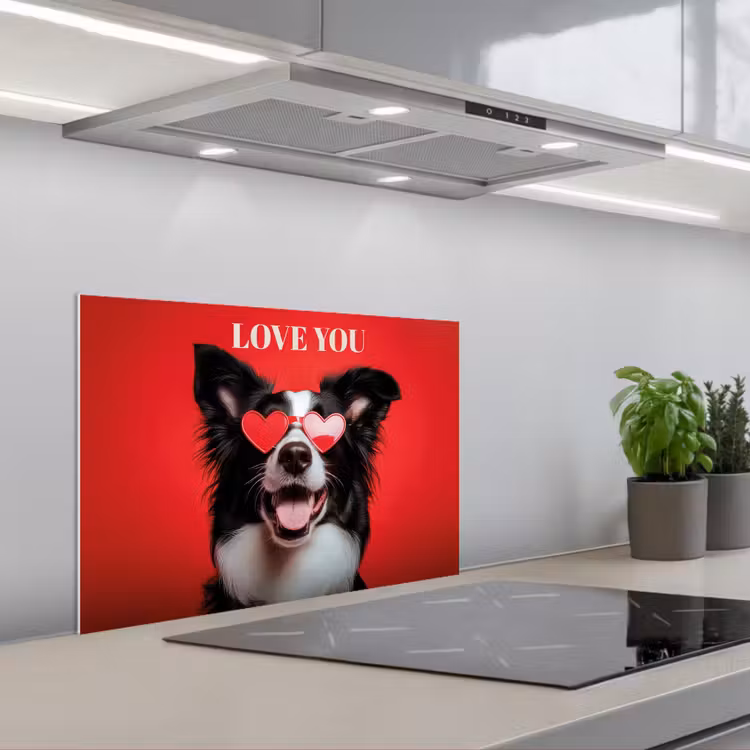 Paraschizzi cucina - Cane - Occhiali a cuore - Loveyou - Rosso — 1