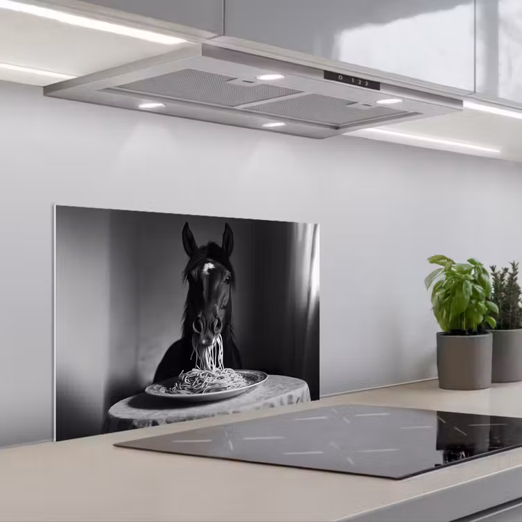 Paraschizzi cucina - Cavallo - Piatto - Pasta - Tovaglia - Bianco e nero - Animali — 1