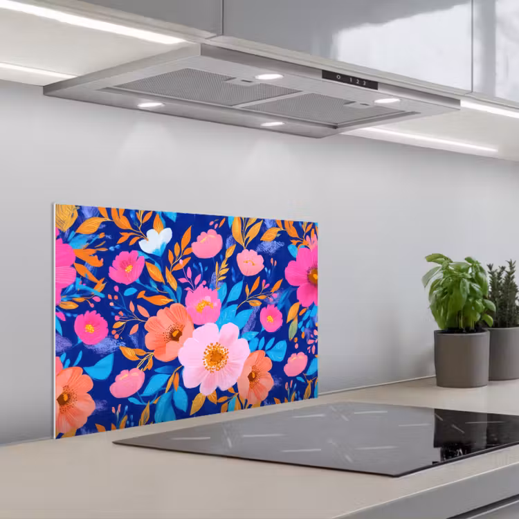 Paraschizzi cucina - Fiori - Blu - Rosa — 1