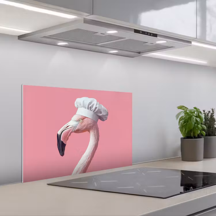 Paraschizzi cucina - Fenicottero - Rosa - Cappello da cuoco - Uccello — 1