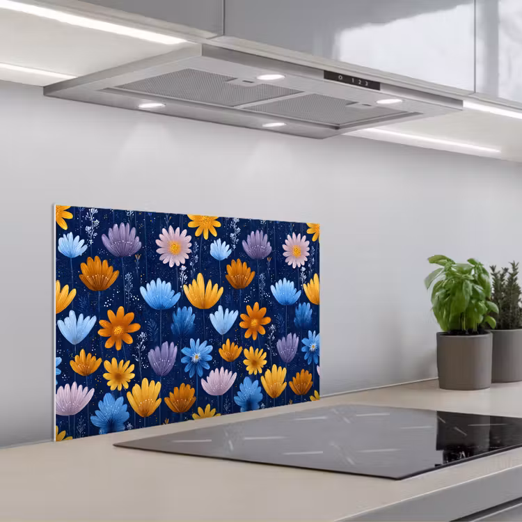 Paraschizzi cucina - Fiori - Motivo - Blu - Contrasto — 1