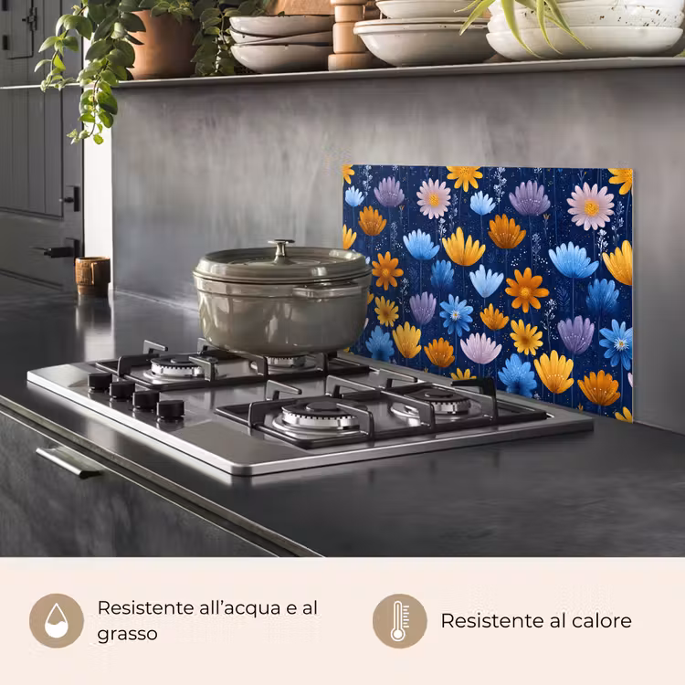 Paraschizzi cucina - Fiori - Motivo - Blu - Contrasto — 2
