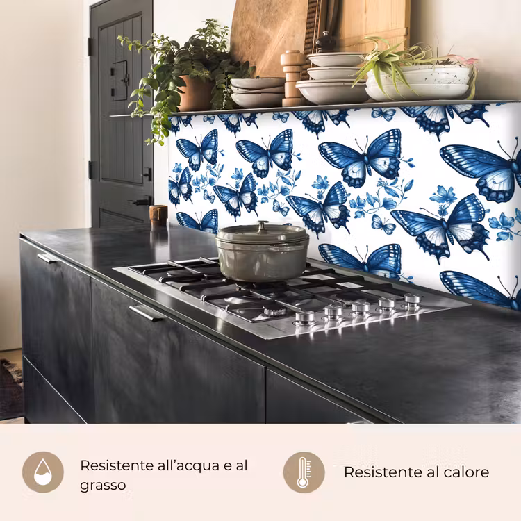 Schienale cucina - Blu - Farfalle - Fiori - Bianco — 5
