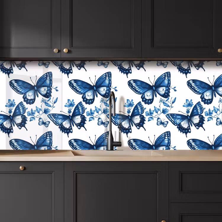 Schienale cucina - Blu - Farfalle - Fiori - Bianco — 6
