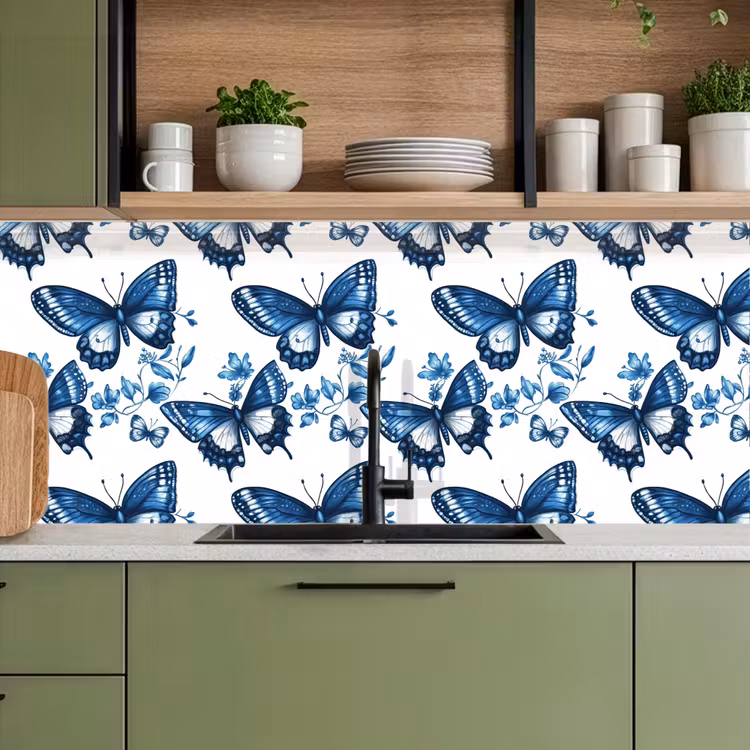 Schienale cucina - Blu - Farfalle - Fiori - Bianco — 8