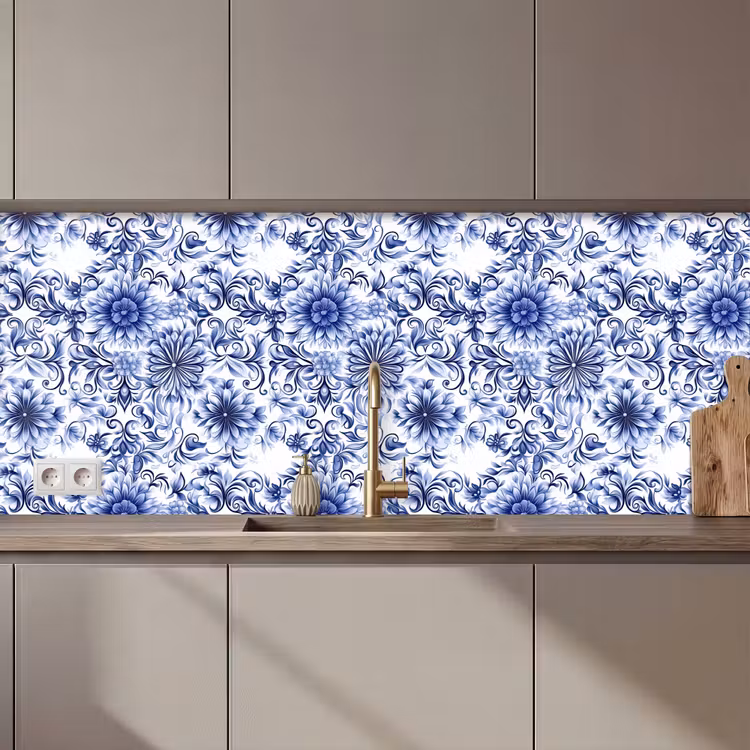 Schienale cucina - Fiori - Blu - Motivo - Bianco — 1