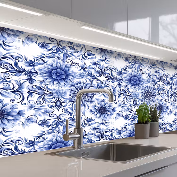 Schienale cucina - Fiori - Blu - Motivo - Bianco — 2