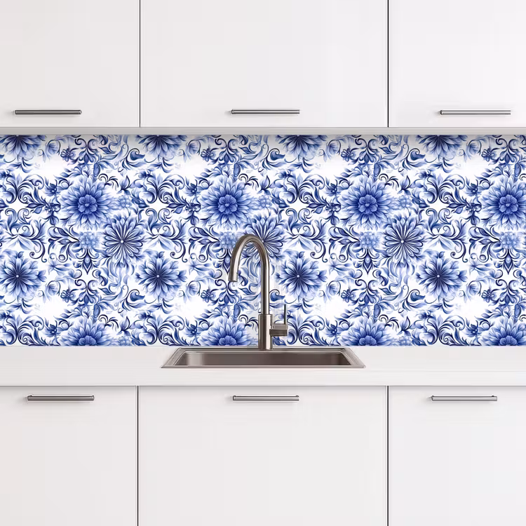 Schienale cucina - Fiori - Blu - Motivo - Bianco — 4