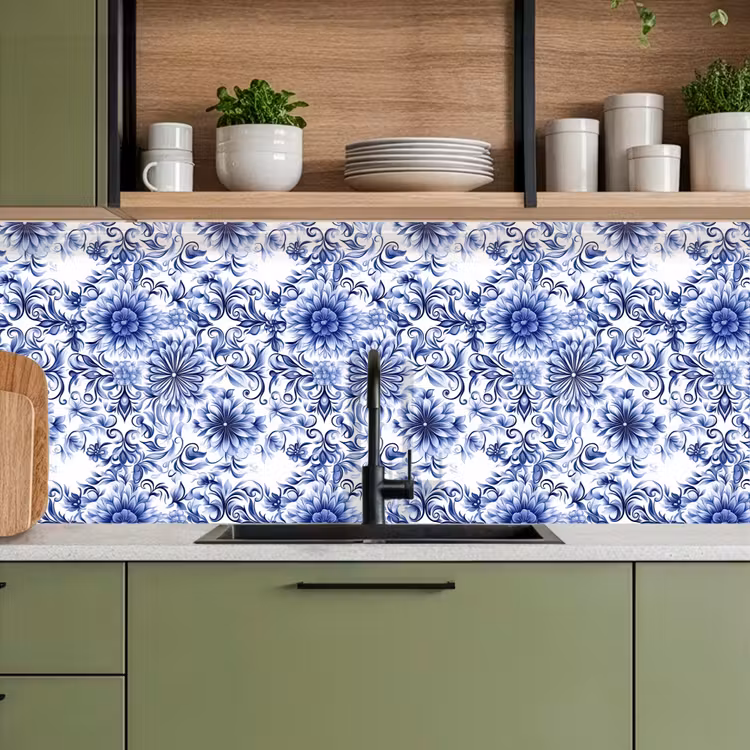 Schienale cucina - Fiori - Blu - Motivo - Bianco — 8