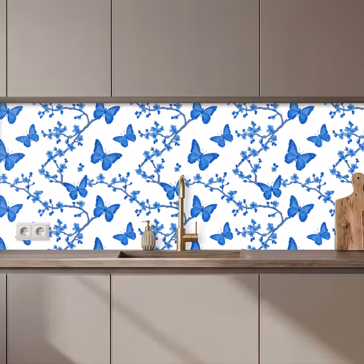 Schienale cucina - Farfalla - Fiori - Blu — 1