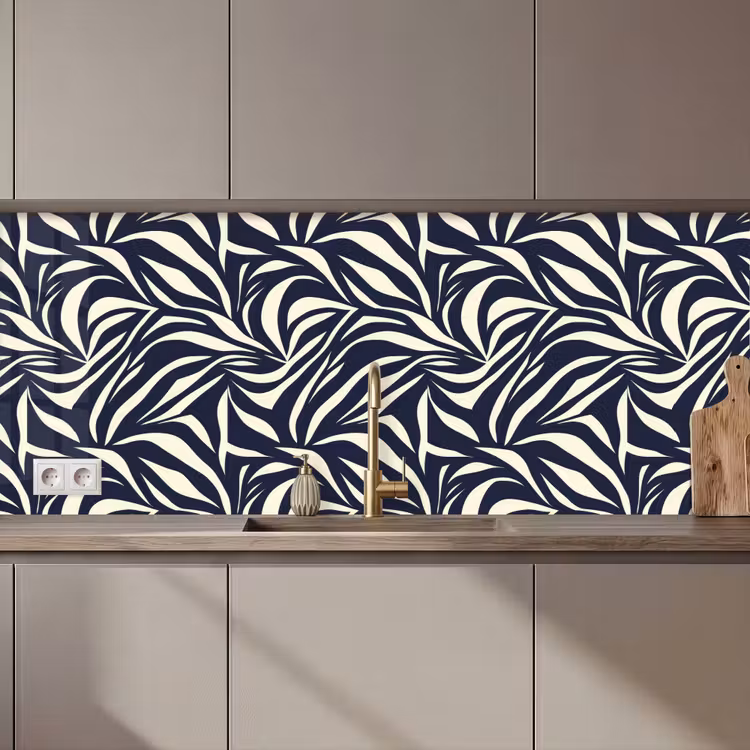 Schienale cucina - Forme di foglie - Blu - Motivo - Bianco — 1