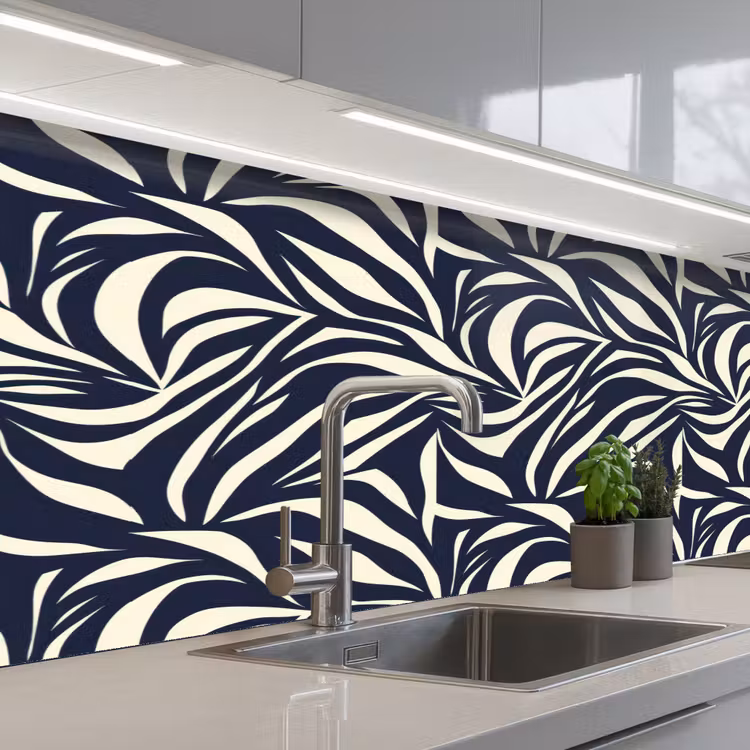 Schienale cucina - Forme di foglie - Blu - Motivo - Bianco — 2