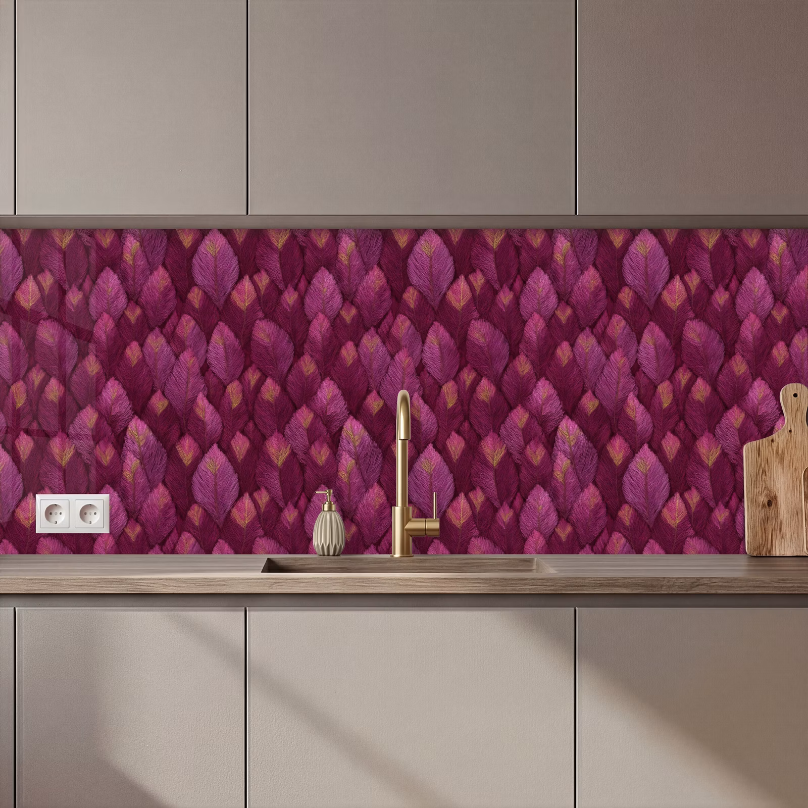 Schienale cucina - Foglie - Motivo - Borgogna — 1