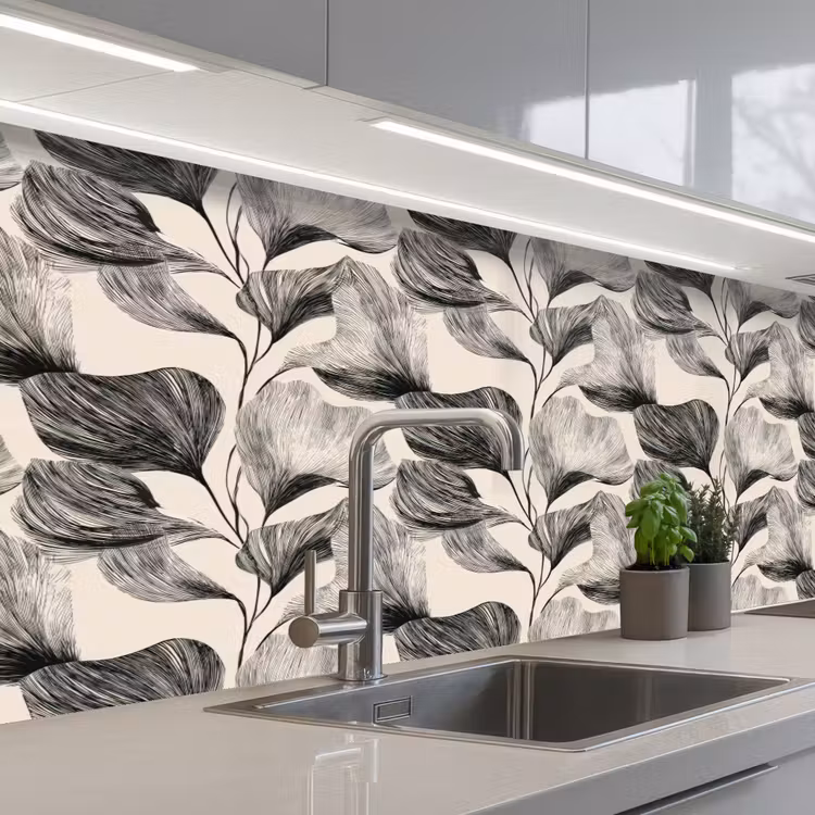 Schienale cucina - Botanico - Foglie - Nero — 2