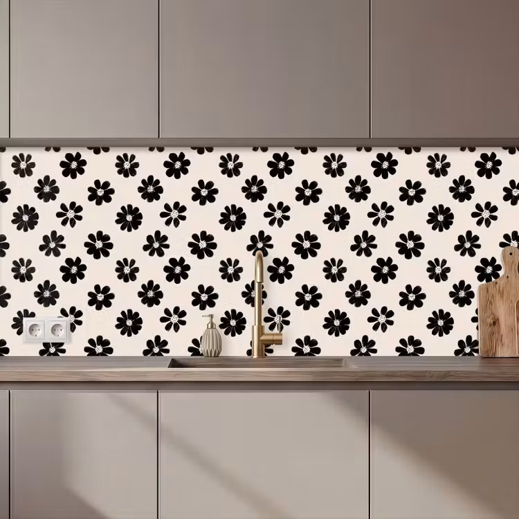 Schienale cucina - Grafica - Margherite - Nero - Beige — 1