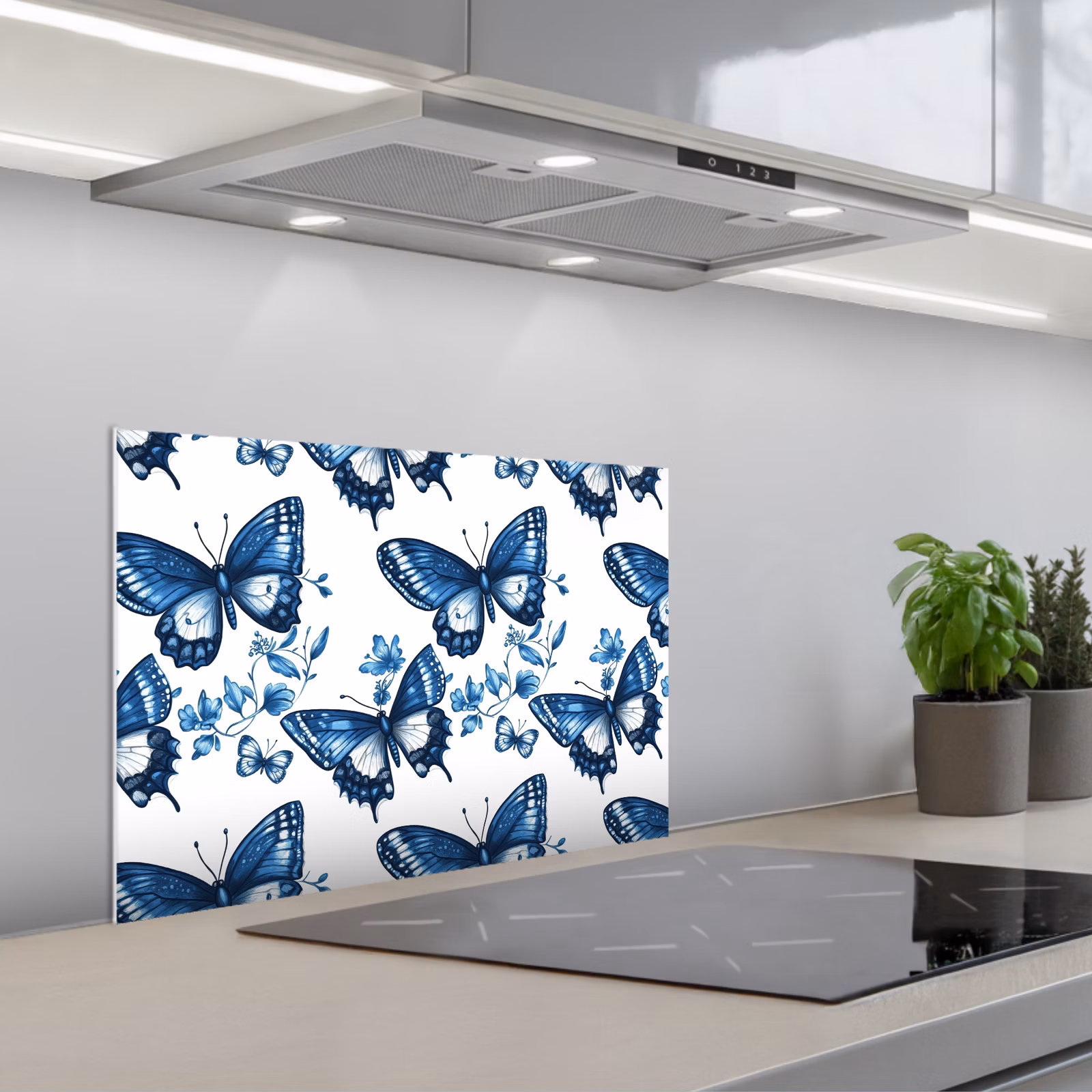 Paraschizzi cucina - Blu - Farfalle - Fiori - Bianco — 1