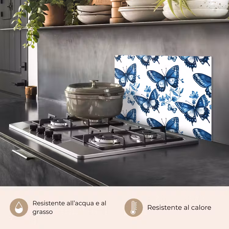 Paraschizzi cucina - Blu - Farfalle - Fiori - Bianco — 2