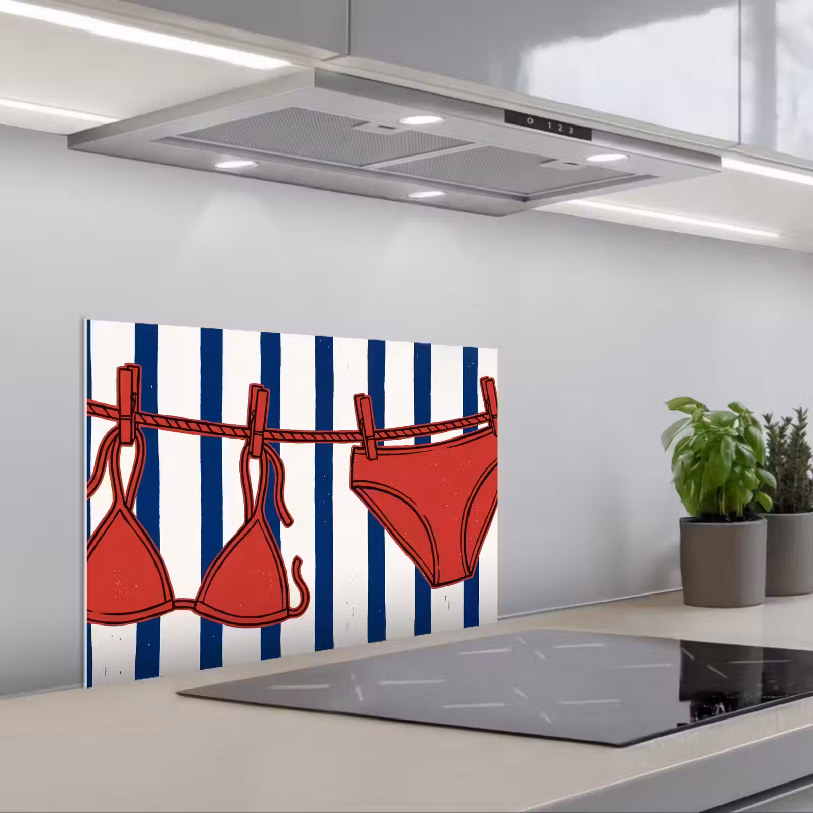 Paraschizzi cucina - Costumi da bagno - Stendibiancheria - Estate - Illustrazione - Rosso — 1