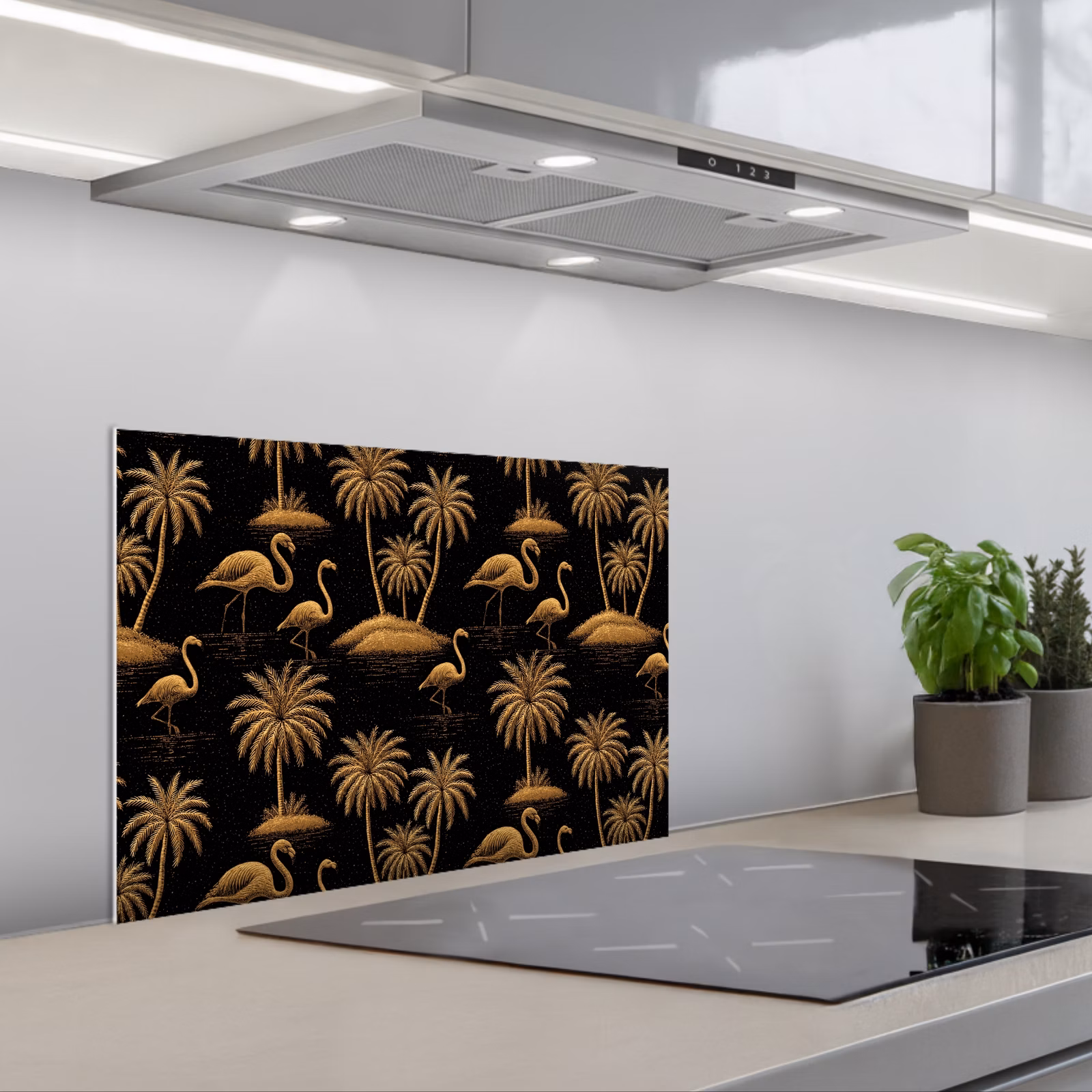 Paraschizzi cucina - Fenicottero - Palme - Tropicale - Oro - Nero — 1