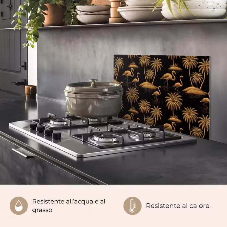 Paraschizzi cucina - Fenicottero - Palme - Tropicale - Oro - Nero — 2