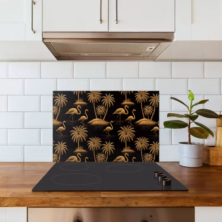 Paraschizzi cucina - Fenicottero - Palme - Tropicale - Oro - Nero — 3