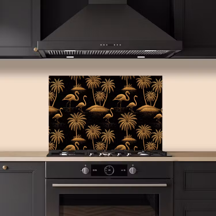 Paraschizzi cucina - Fenicottero - Palme - Tropicale - Oro - Nero — 5