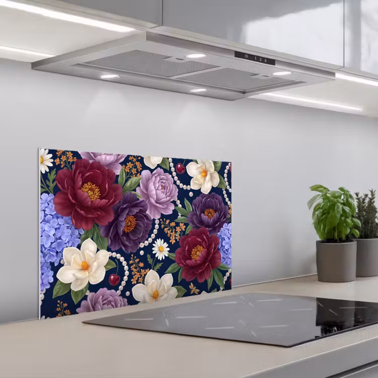 Paraschizzi cucina - Fiori - Perle - Decorazioni - Moderno - Blu — 1