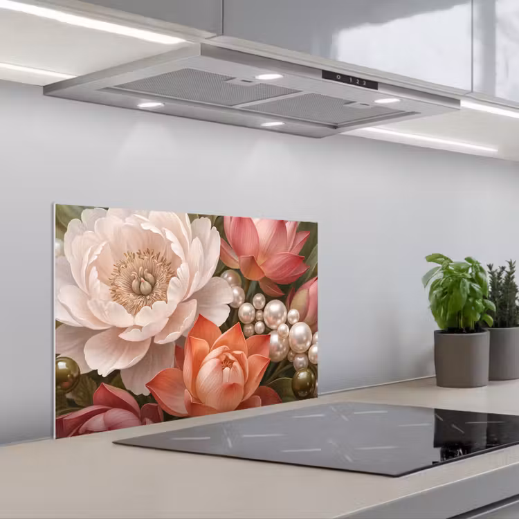 Paraschizzi cucina - Fiori - Perle - Elegante - Rosa - Bianco — 1