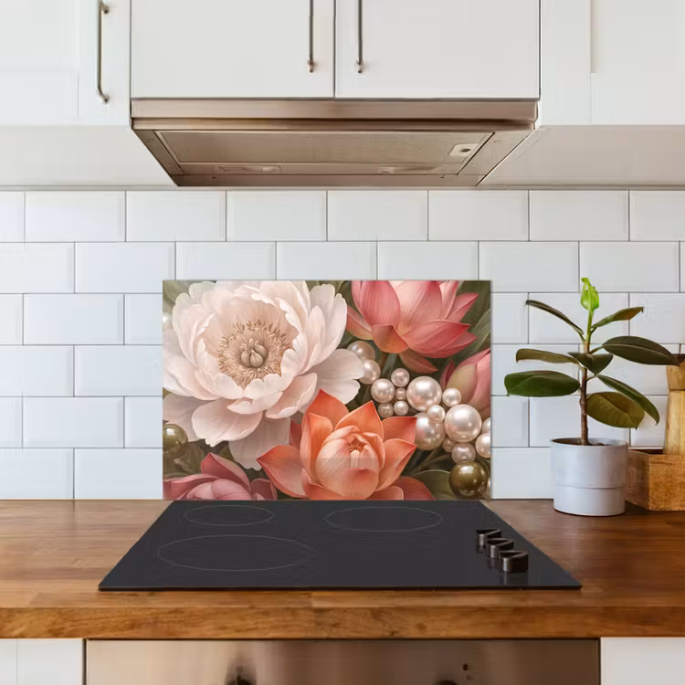 Paraschizzi cucina - Fiori - Perle - Elegante - Rosa - Bianco — 3