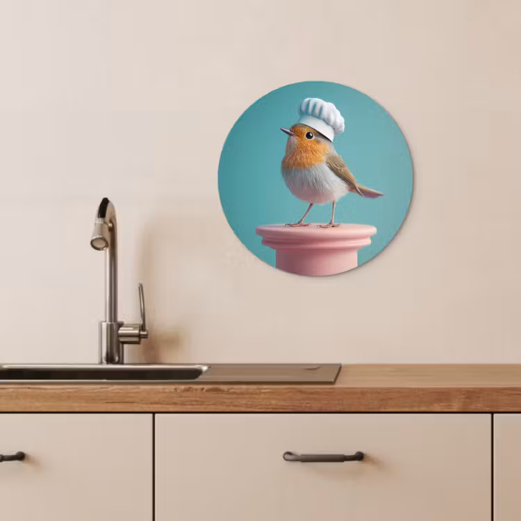 Quadro rotondo - Pettirosso - Uccello - Cappello da cuoco - Piedistallo — 3