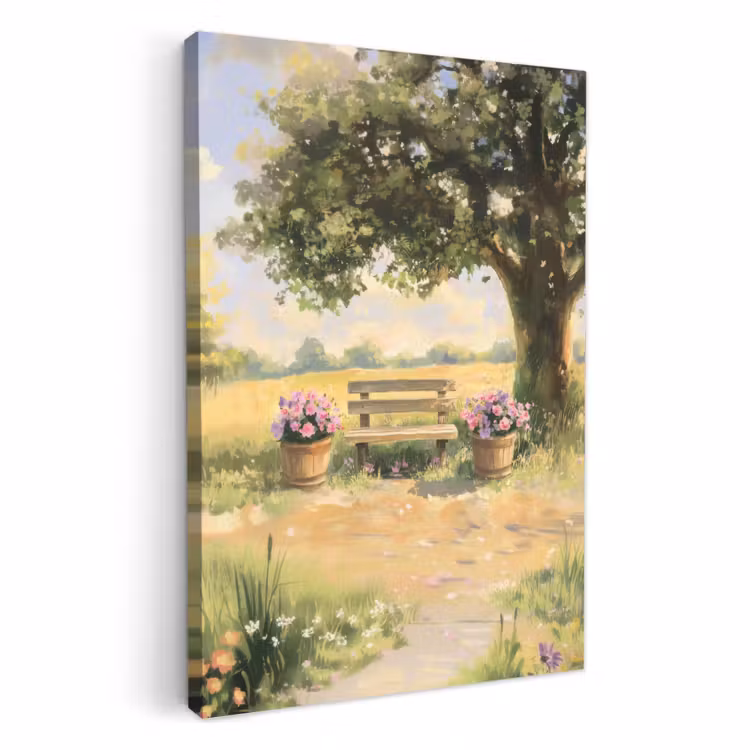 Dipinti su tela - Panchina di legno - Vasi di fiori - Paesaggio — 1
