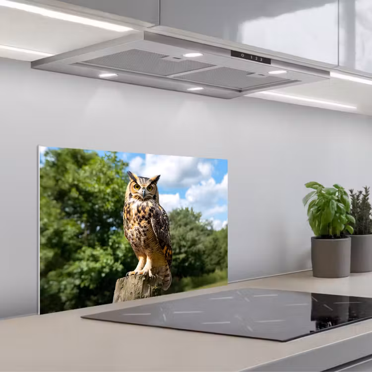 Paraschizzi cucina - Gufo - Tronco d'albero - Foresta - Cielo — 1