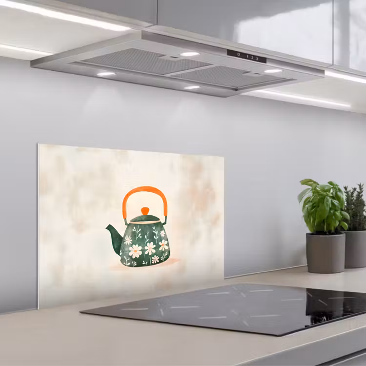 Paraschizzi cucina - Teiera - Verde - Fiori - Arancione — 1