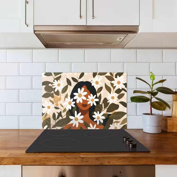 Paraschizzi cucina - Illustrazione - Donna - Margherite - Bianco — 3