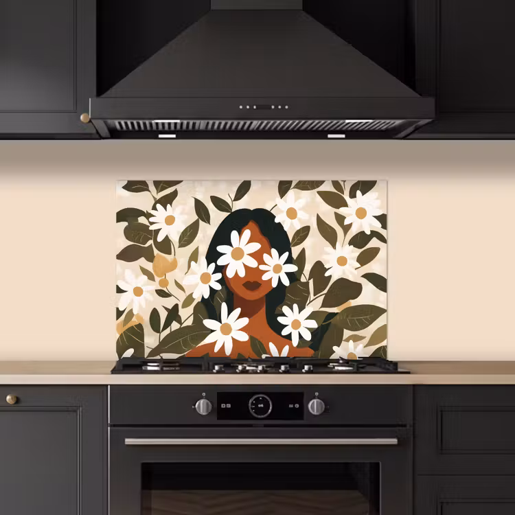 Paraschizzi cucina - Illustrazione - Donna - Margherite - Bianco — 5