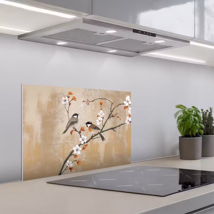 Paraschizzi cucina - Uccelli - Ramo di fiori - Arancione — 1