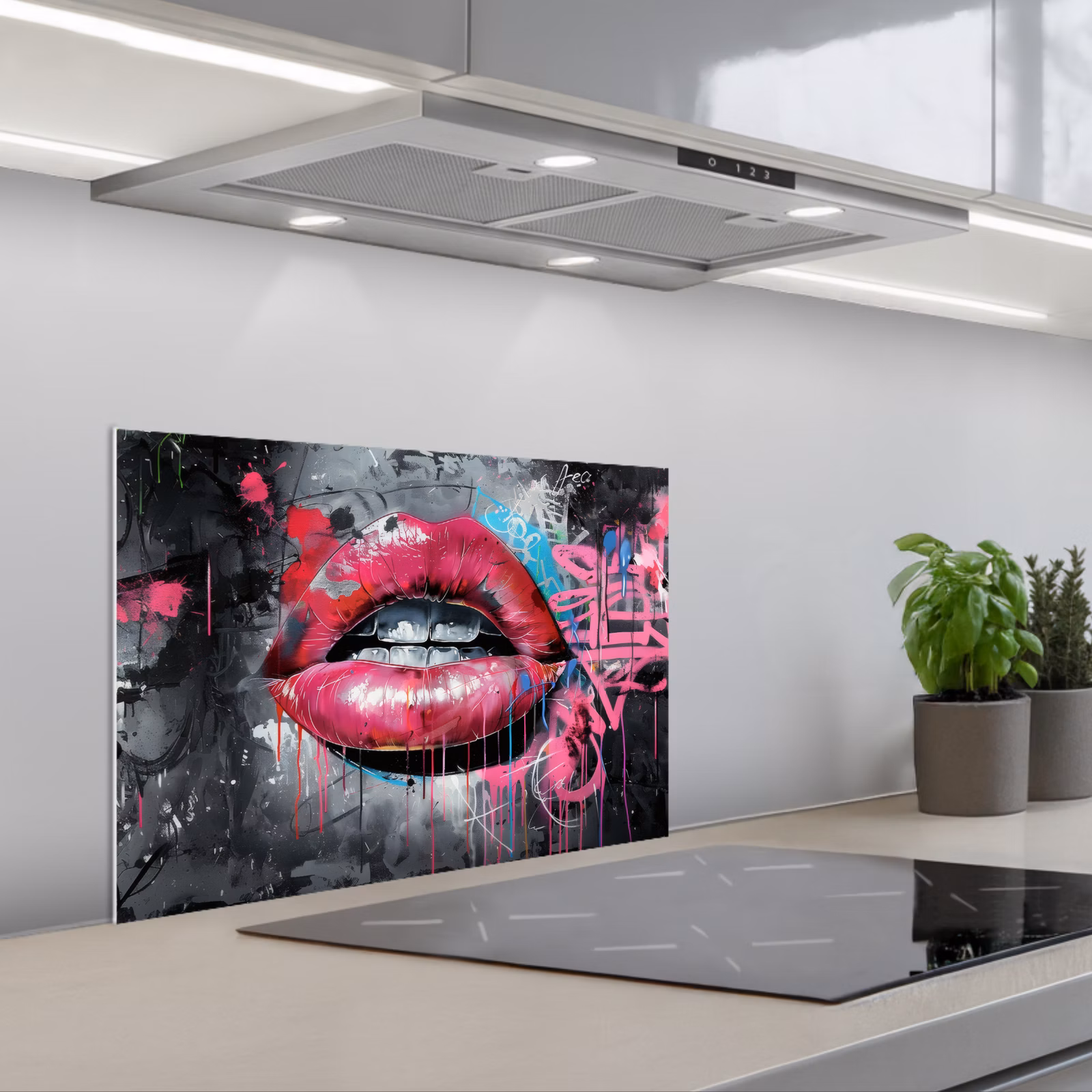 Paraschizzi cucina - Labbra - Rosa acceso - Graffiti - Strisce di vernice — 1