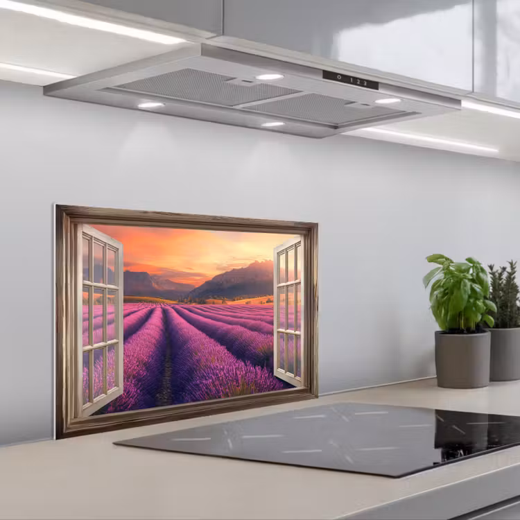 Paraschizzi cucina - Trasparente - Lavanda - Paesaggio - Fiori - Viola — 1