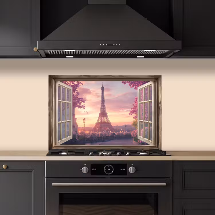 Paraschizzi cucina - Trasparente - Parigi - Torre Eiffel - Rosa - Fiori di ciliegio — 5
